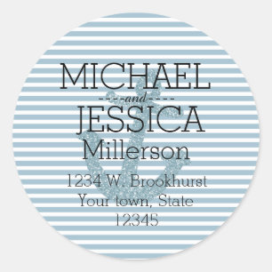 Blue Glitter Anchor Stripes Personalized address Classic Round Sticker