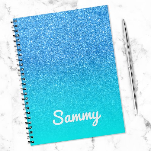 Blue Glitter and Aqua Ombre Personalized Notebook