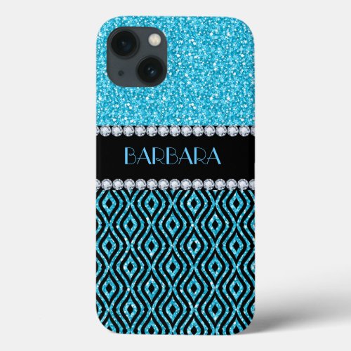 Blue Glitter And Black Geometric Pattern Monogram iPhone 13 Case