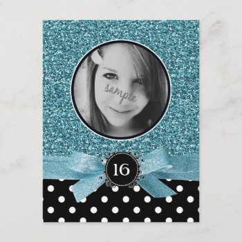 Blue Glitter And Bw Polkadots Photo Sweet 16 Invitation by PartyHearty at Zazzle