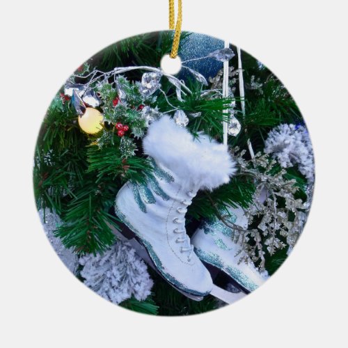 Blue Glitter and Fur Ice Skates on Christmas Tree Ceramic Ornament