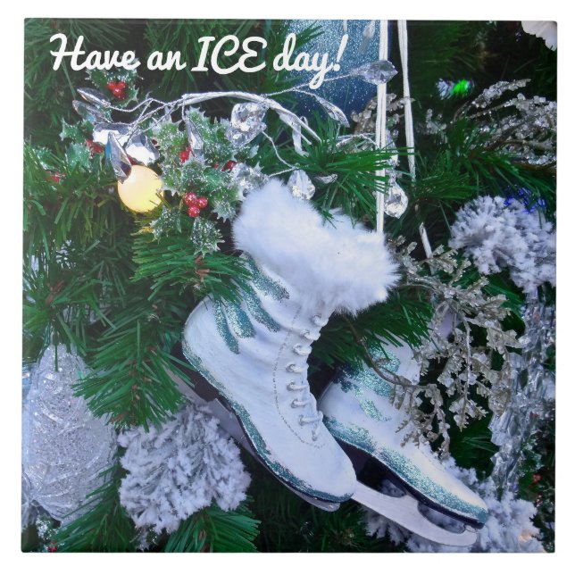 Blue Glitter and Fur Ice Skates on Christmas Tree Ceramic Tile (Front)