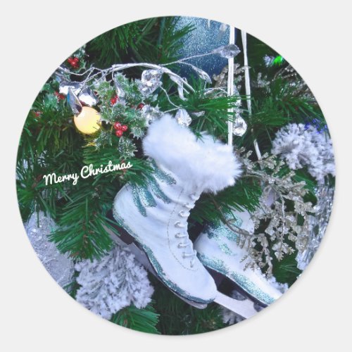 Blue Glitter and Fur Ice Skates on Christmas Tree Classic Round Sticker