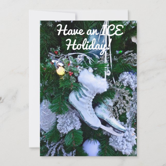 Blue Glitter and Fur Ice Skates on Christmas Tree Holiday Card (Front)