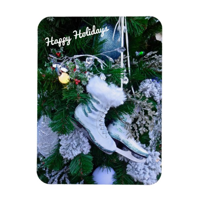 Blue Glitter and Fur Ice Skates on Christmas Tree Magnet (Vertical)