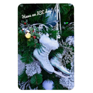 Blue Glitter and Fur Ice Skates on Christmas Tree Magnet