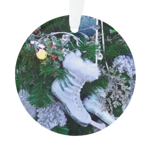 Blue Glitter and Fur Ice Skates on Christmas Tree Ornament