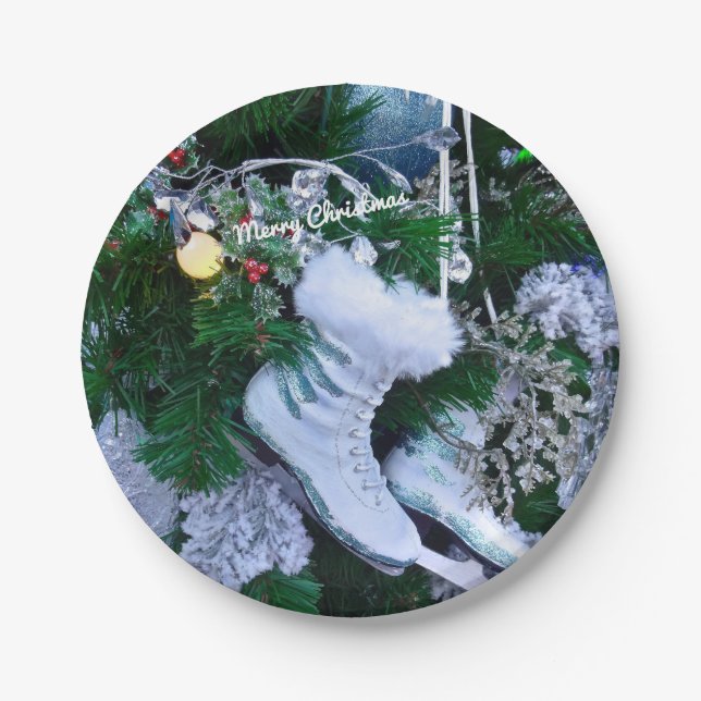 Blue Glitter and Fur Ice Skates on Christmas Tree Paper Plates (Front)
