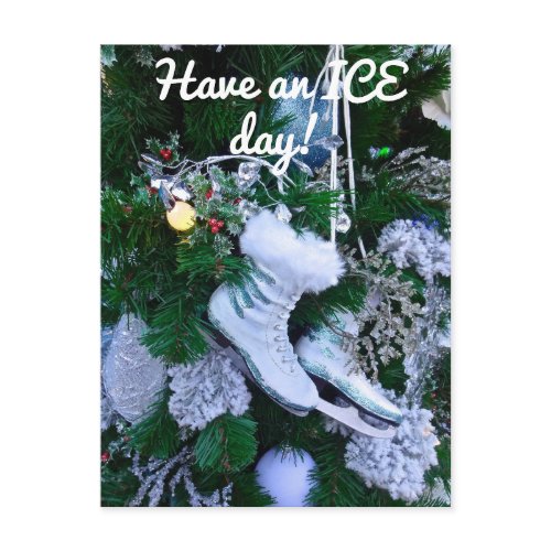 Blue Glitter and Fur Ice Skates on Christmas Tree Postcard