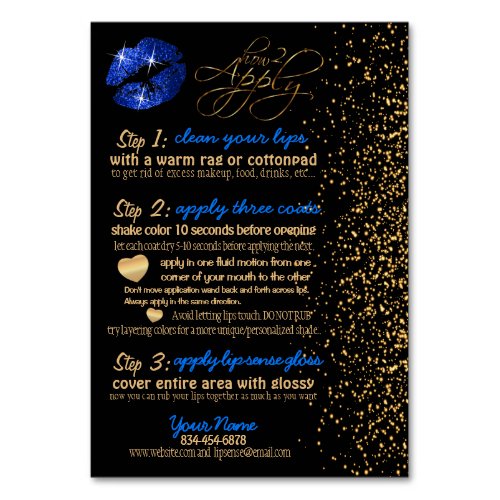 Blue Glitter and Gold Confetti Lip Instructions Table Number