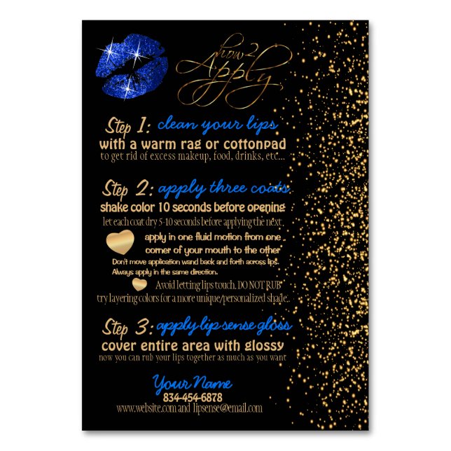 Blue Glitter and Gold Confetti Lip Instructions Table Number (Front)