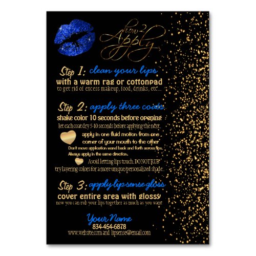 Blue Glitter and Gold Confetti Lip Instructions Table Number