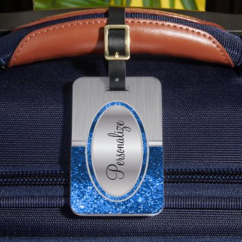 Blue Glitter And Metal Brush Steel Print Luggage Tag by DesignsbyDonnaSiggy at Zazzle