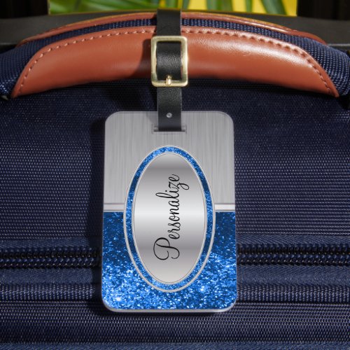 Blue Glitter and Metal Brush Steel Print Luggage Tag