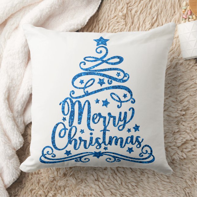 Blue Glitter and White Merry Christmas Tree Throw Pillow (Blanket)
