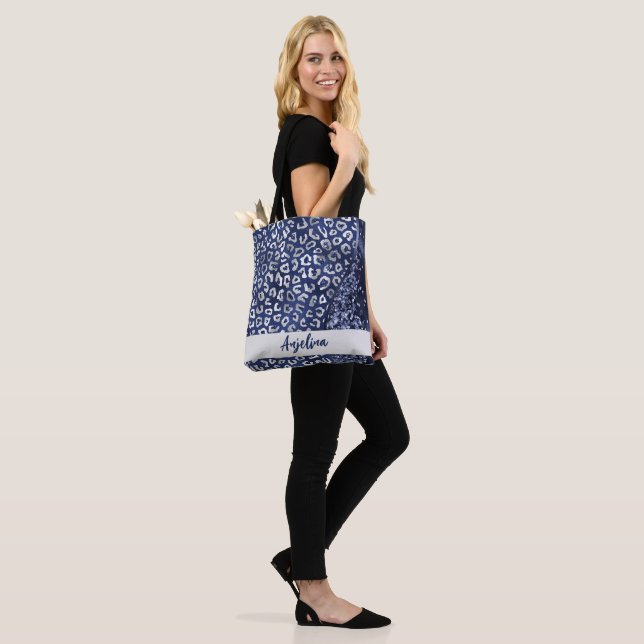 Blue Glitter Animal Print Glam Wave Personalized Tote Bag (On Model)