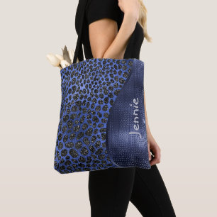 Blue Glitter Animal Print Glam Wave Personalized Tote Bag