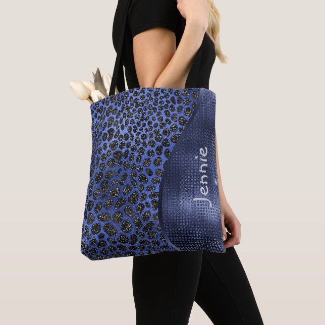 Blue Glitter Animal Print Glam Wave Personalized Tote Bag (Close Up)