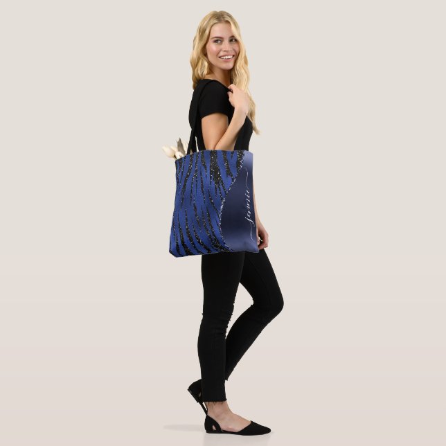 Blue Glitter Animal Print Glam Wave Personalized Tote Bag (On Model)