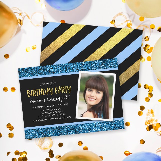 Blue Glitter Any Age Photo Birthday Invitation (Creator Uploaded)