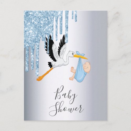 Blue glitter  baby boy silver shower invitation postcard