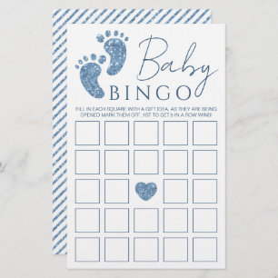Blue Glitter Baby Feet Baby Shower Bingo Game Card