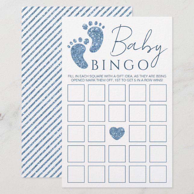 Blue Glitter Baby Feet Baby Shower Bingo Game Card (Front/Back)