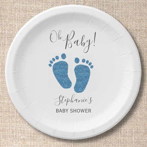 Blue Glitter Baby Feet Baby Shower Paper Plates