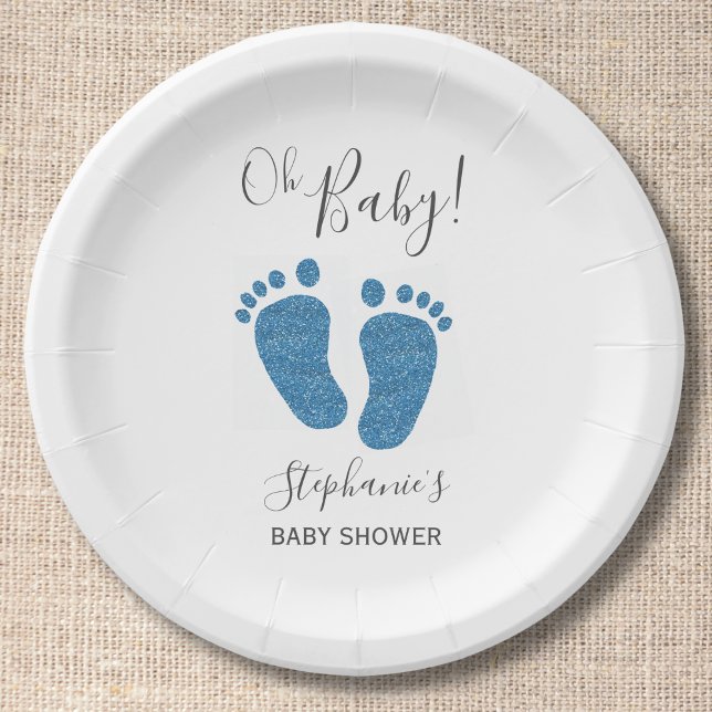 Blue Glitter Baby Feet Baby Shower Paper Plates (Creator Uploaded)
