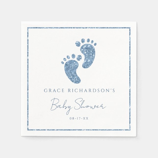 Blue Glitter Baby Feet Baby Shower Personalized Napkins (Front)