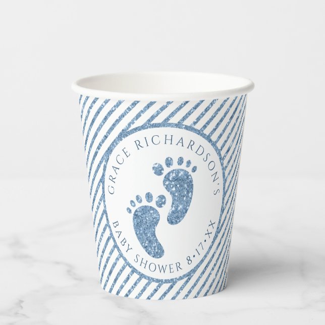 Blue Glitter Baby Feet Baby Shower Personalized  Paper Cups (Back)