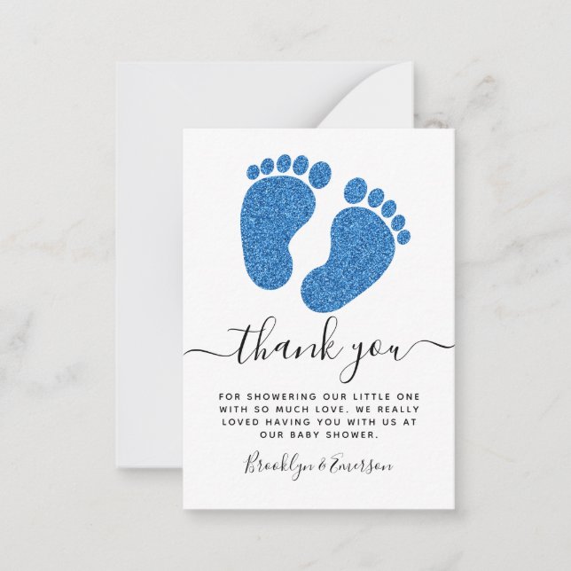 Blue Glitter Baby Feet Baby Shower Thank You  Note (Front)