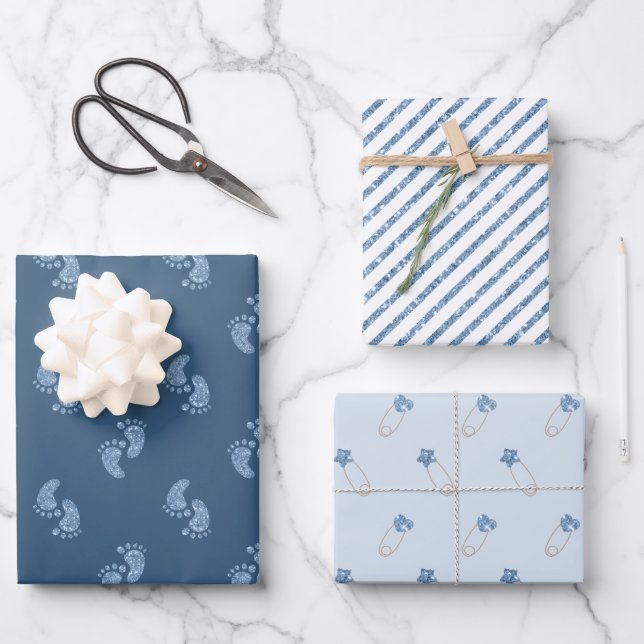 Blue Glitter Baby Feet Baby Shower Wrapping Paper  (Front)