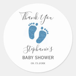 Blue Glitter Baby Feet Thank You Classic Round Sticker | Zazzle