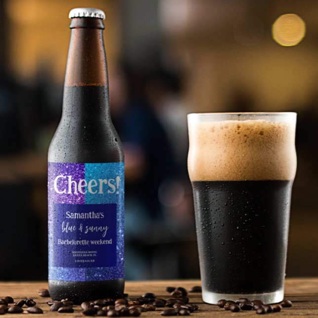 Blue Glitter Bachelorette Party  Beer Bottle Label (Creator Uploaded)