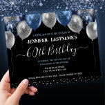 Blue Glitter Balloons 60th Birthday Party Invitation<br><div class="desc">Elegant faux silver and blue glitter balloons on the top border. All text is adjustable and easy to change for your own party needs. Great elegant save the date birthday party template design.  any year,  age can be changed. Elegant modern stylish typography</div>