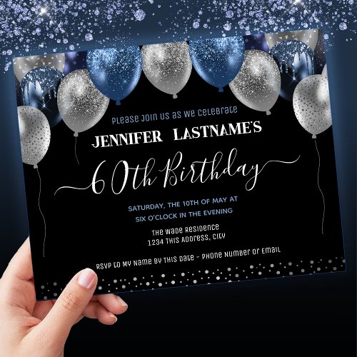 Blue Glitter Balloons 60th Birthday Party Invitation