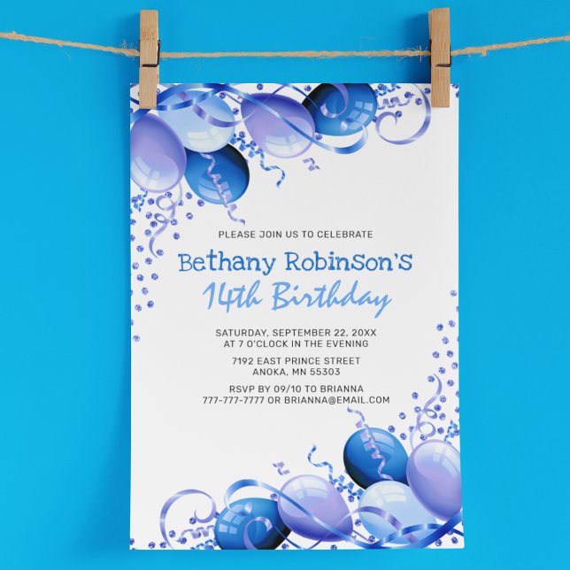 Blue Glitter Balloons Birthday Invitation (Creator Uploaded)