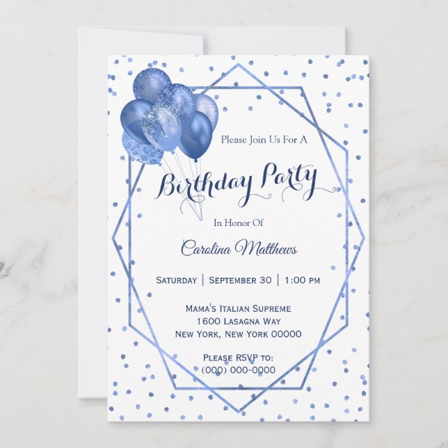 Blue Glitter Balloons Frame Birthday Invitation (Front)