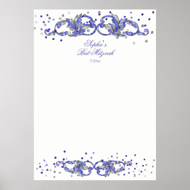 Blue Glitter, Bat Mitzvah, Custom, Sign in (Front)