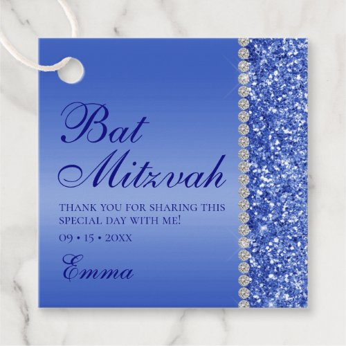 Blue Glitter Bat Mitzvah Thank You Favor Tags