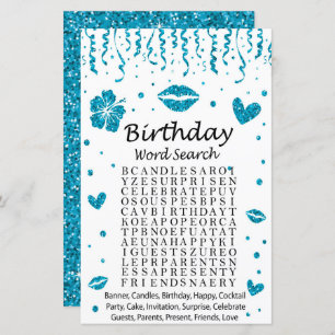Blue glitter Birthday Word Search Game