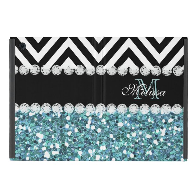 BLUE GLITTER BLACK CHEVRON MONOGRAMMED iPad MINI COVER (Outside)