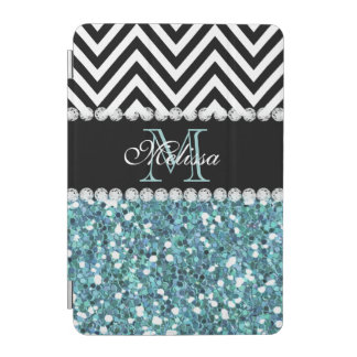 BLUE GLITTER BLACK CHEVRON MONOGRAMMED iPad MINI COVER