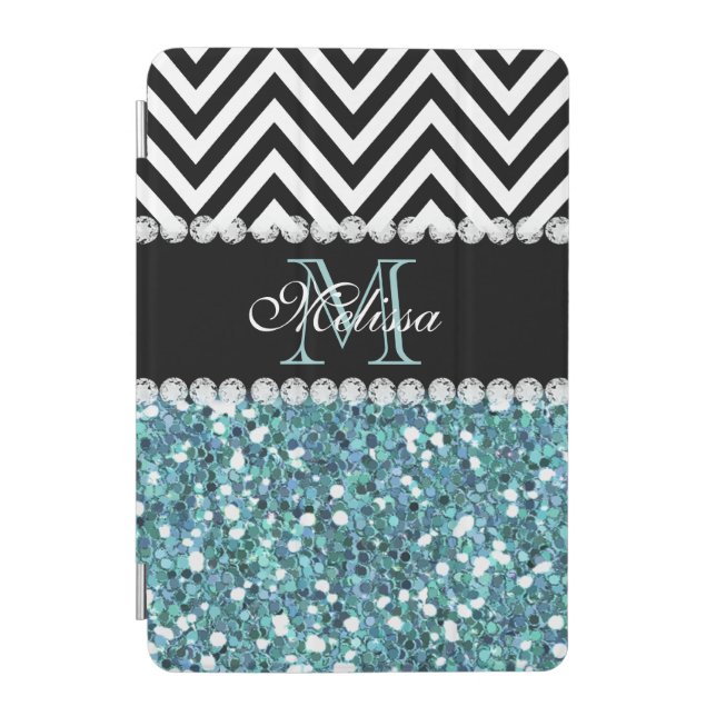BLUE GLITTER BLACK CHEVRON MONOGRAMMED iPad MINI COVER (Front)