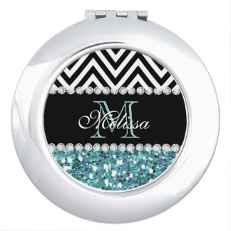 BLUE GLITTER BLACK CHEVRON MONOGRAMMED MIRROR FOR MAKEUP