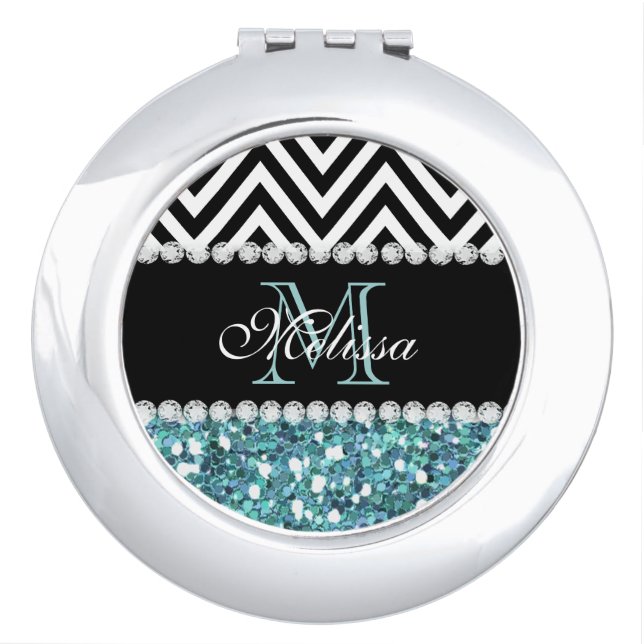 BLUE GLITTER BLACK CHEVRON MONOGRAMMED MIRROR FOR MAKEUP (Front)