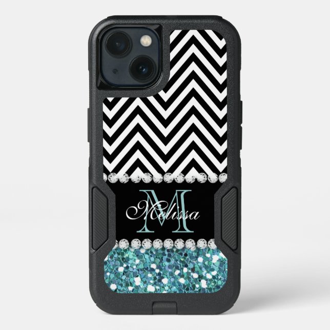 BLUE GLITTER BLACK CHEVRON MONOGRAMMED OTTERBOX iPhone CASE (Back)