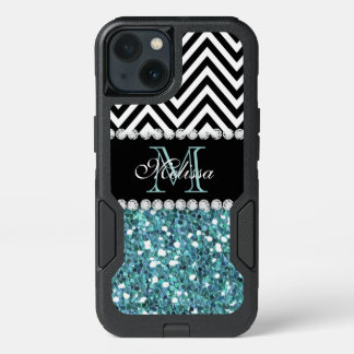 BLUE GLITTER BLACK CHEVRON MONOGRAMMED iPhone 13 CASE