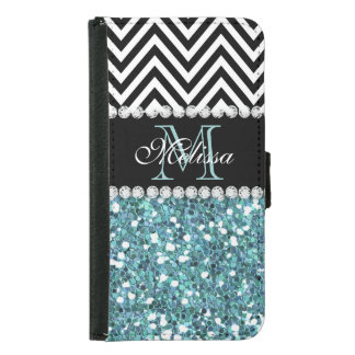 BLUE GLITTER BLACK CHEVRON MONOGRAMMED WALLET PHONE CASE FOR SAMSUNG GALAXY S5